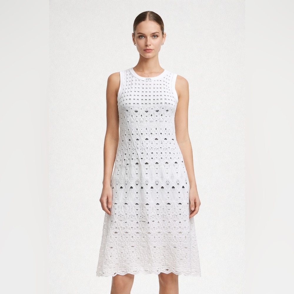 Chanel Luxury White & Navy Laser Cut Dress
